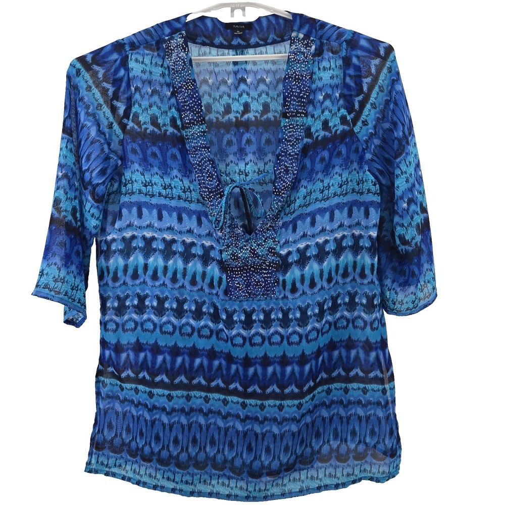 Raviya Blue Abstract Print Beaded Chiffon Tunic Top Women's XL (Shell Only)